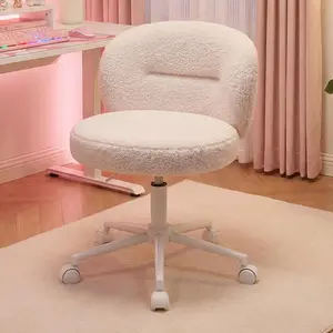 Homkdom  Small Round Vanity Chair with Wheels, Armless Home Office Desk Chairs with Back, Height Adjustable & 360° Swivel, Cute Comfy Vanity Computer Chair for Bedroom, Home Office, White