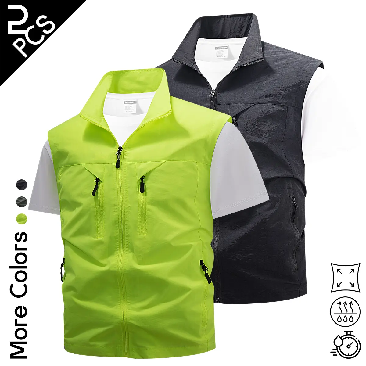 2-Pack Men's Lightweight Outdoor Vest, Quick Dry Breathable Fishing Hiking Gilet with Multiple Zipper Pockets