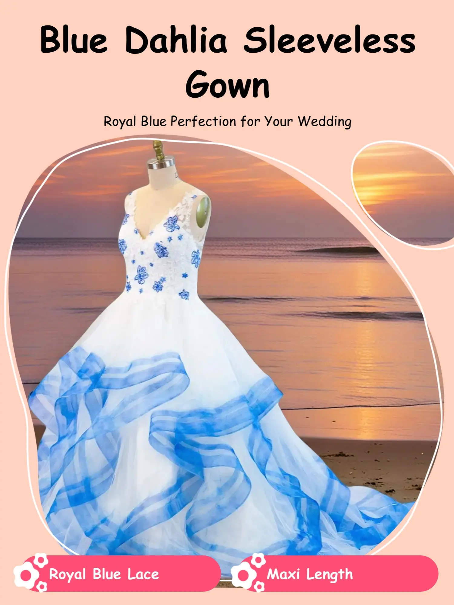 Blue Dahlia Wedding Gown - Elegant Sleeveless Design with Royal Blue Hand-Painted Lace Bodice & Flowing Ruffles for Bride