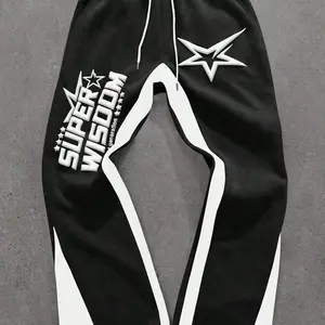 Men's Casual Color Block Letter Print Drawstring Waist Sports Pants, Star Print, Fitted Style, Spring & Fall Fashion, Perfect Gift