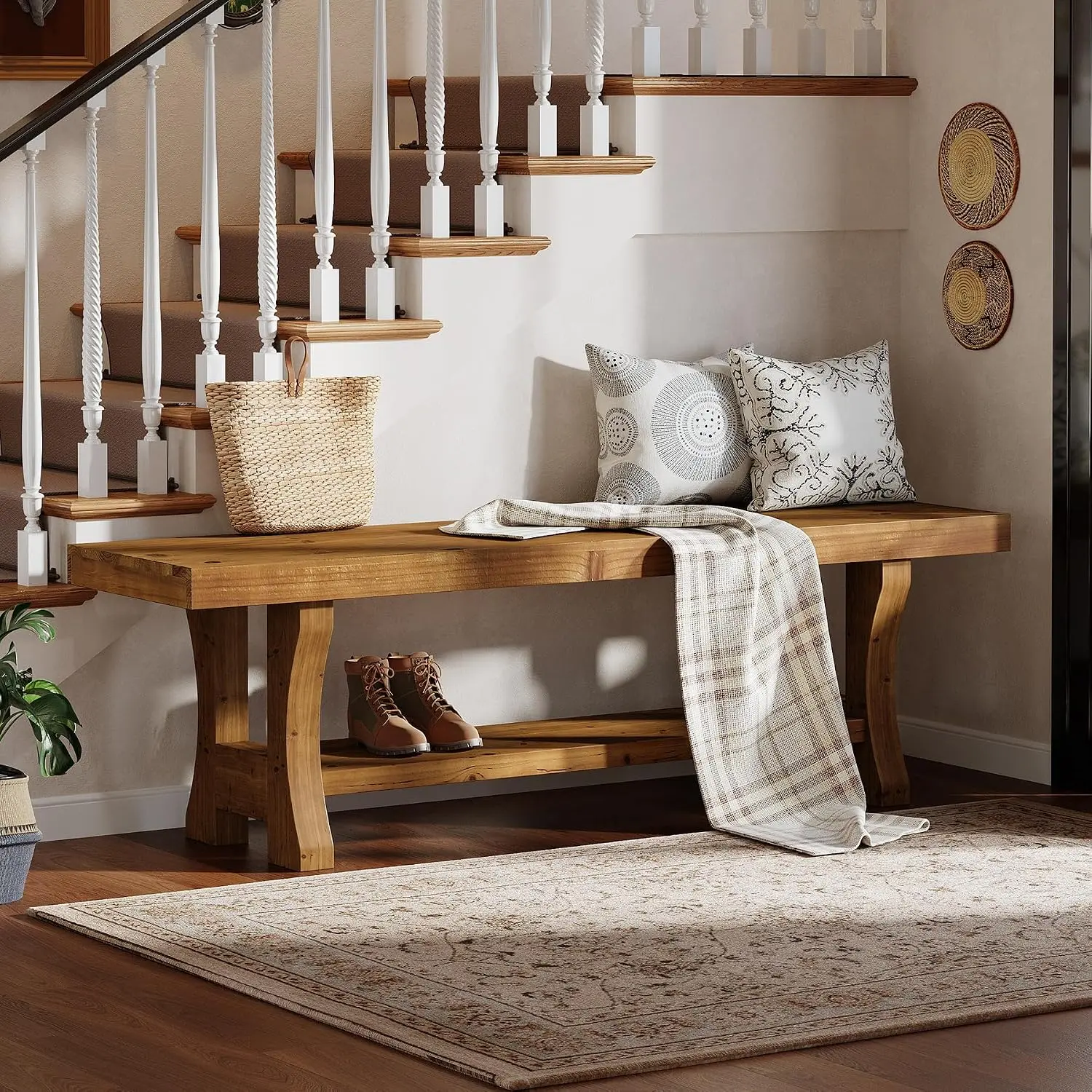 55 Inch Solid Wood Entryway Bench, 2-Tier Open Storage Farmhouse Bench, Long End of Bed Dining Bench for Hallway Bedroom Living Room, Easy Assembly, Rustic Brown
