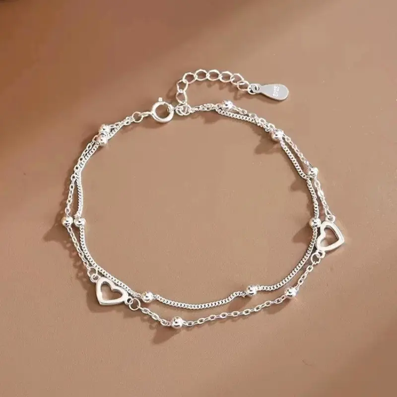 925 Sterling Silver Hollow Heart Bracelets For Women Girls Vintage Korean Design Double Layer Beads Bracelet Party Jewelry Gifts