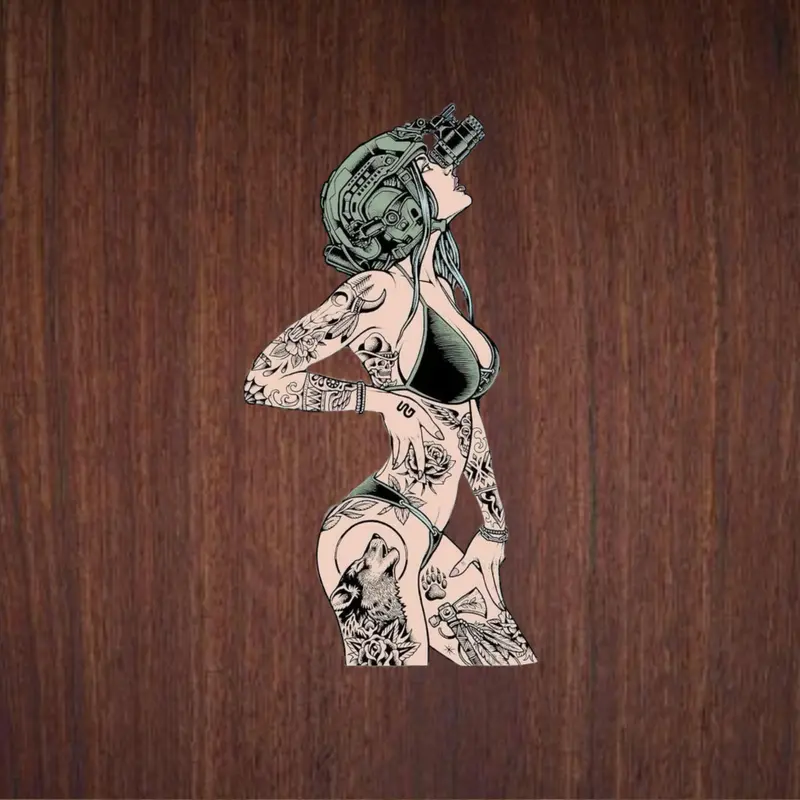 Tattoo Art Girl Sticker, Tactical Helmet & Inked Aesthetic Line Art for Laptops & Gear, Sticker Vinyl Waterproof