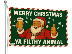 Merry Christmas Ya Filthy Animal Flag | Funny Holiday Banner | Santa Beer Decor | Xmas Party or Garage Decoration | Gag Gift 3x5 Ft Flag favor