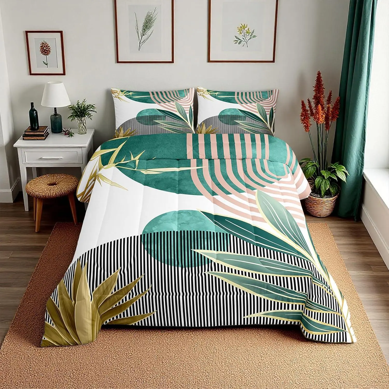 Feelyou Boho Quilt Set - Mid-Century Modern Bed Comforter Set with Tropical Sun Abstract Prints, Breathable Soft Polyester Fibre Fill Lightweight Bedspread for Modern Bedrooms, Multi-Size Options