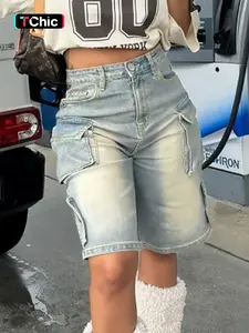 Vintage Washed High-Waisted Cargo Denim Shorts, Y2K Aesthetic Streetwear, Perfect for Summer Beach Days & Mall Runs