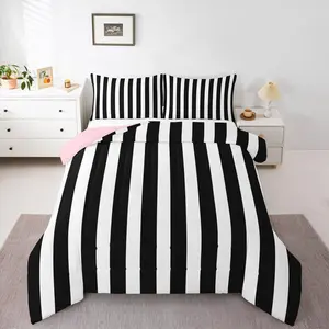 Black and White Striped Comforter Setstriped Bedding Set,Pink and Black Comforter Sets, Kids Teens Adults Cute Pinstripe Girls Bed Set,Quilt
