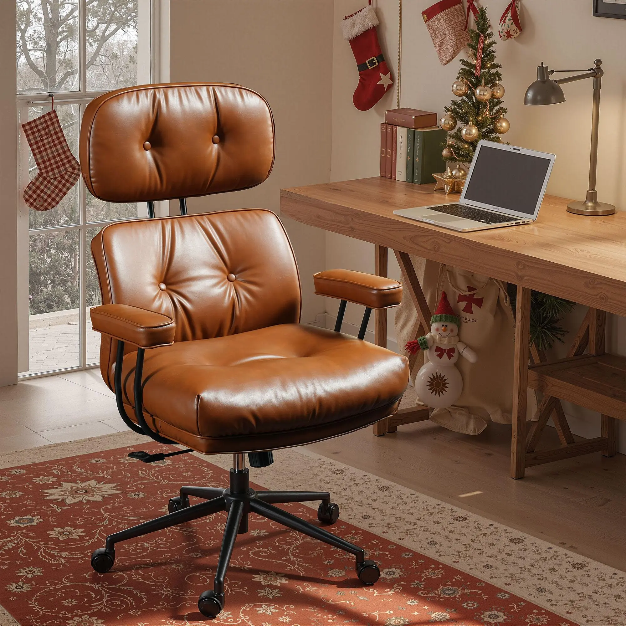 XIZZI Home Office Chair with Suede Fabric & PU Fabric, Comfy Executive Computer Armchair, Lumbar Support Desk Chair with MCM Style, Rolling Swivel Task Chair Task Chair Height Adjustable with Armrests