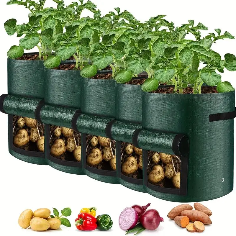 Potato Growing Bag, Reusable Planting Bag, 5 Counts 7/10 Gallon Potato Planting Bag with Flap & Handle, Plant Container for Potato, Flower, Mushroom, Tomato & Vegetable, Stackable Vegetable Planters