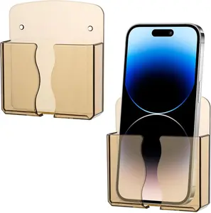 2Pcs Wall Mount Phone Holder Transparent Wall Cell Phone Holder for Bed Self Adhesive Bedside Remote Control Stand with Charging Hole for Most Cellphone