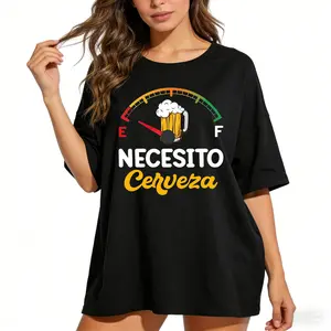 Men's 100% Cotton Knit Ribbed Seamless Elastic Short-Sleeve Round Neck T-Shirt, Loose-Fitting, Top-Grade Digital Print, Smooth Fabric, Vibrant "Necesito Cerveza" Hilarious Beer Gift Casual Top
