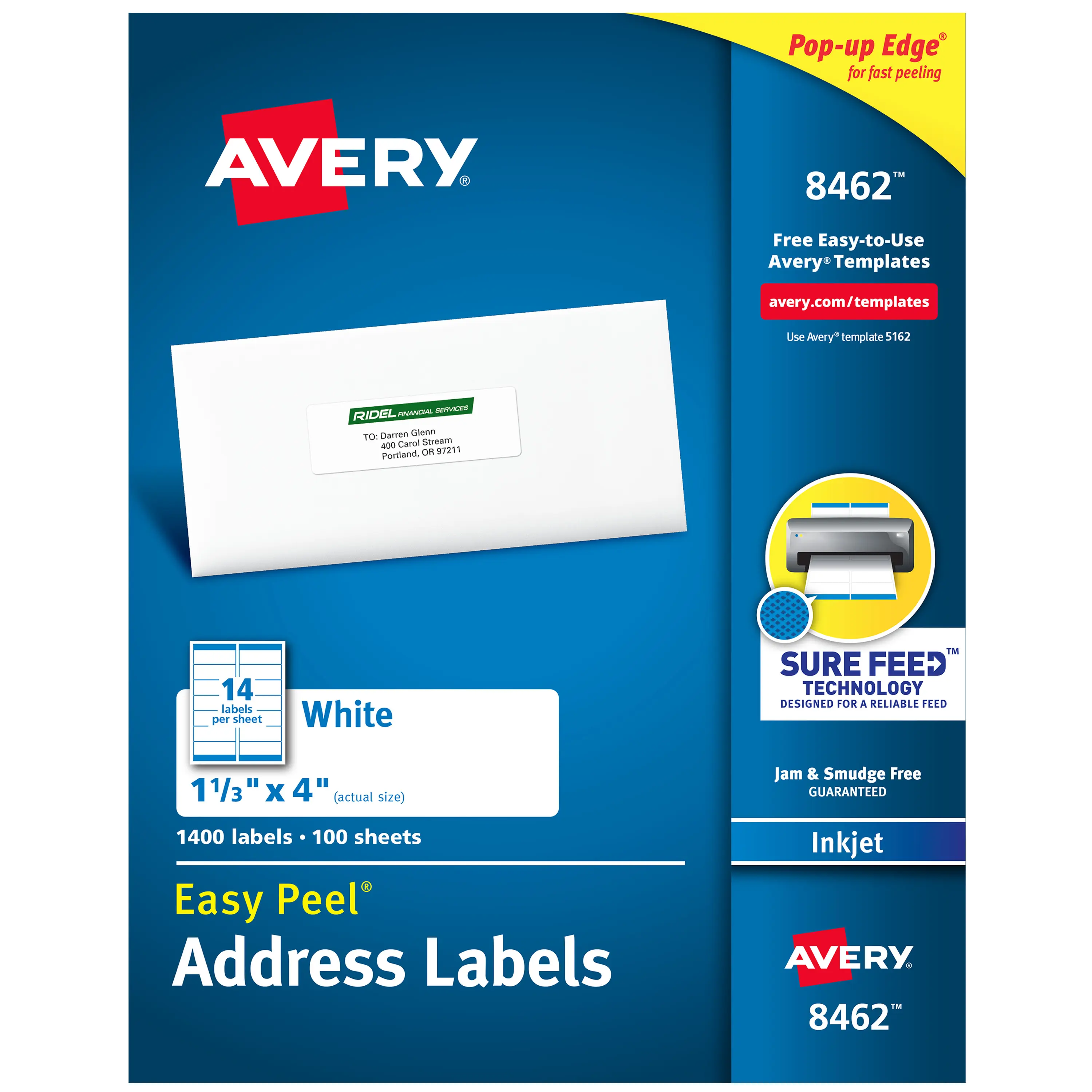 Avery Easy Peel Custom Bright White Mailing Labels, Sure Feed Technology, Permanent Adhesive, Inkjet Compatible, 1-1/3" x 4", 1400 Labels, Free Templates (8462), Custom Labels, Bright White Labels