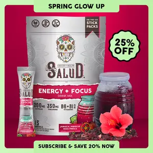 Salud 2-in-1 [Energy + Focus – Jamaica | Hibiscus] Clean Energy Drink Mix, Agua Fresca, Organic Caffeine, B6 & B12, L-Theanine, Drink Packets, Non-GMO, Gluten Free, Vegan, Low Calorie, 1g Sugar (15 Servings), Spring Glow Up