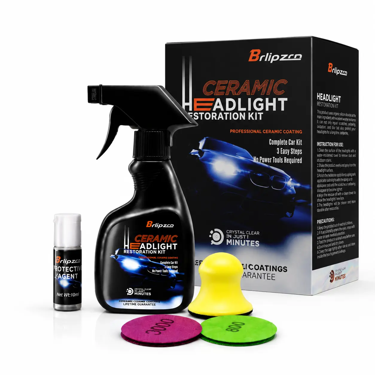Automotive Headlight Restoration Spray Kit for Car - Fixes Oxidized,Yellowed,Blurred Headlamps,Enhances Crystallization Coating,Boosts Maximum Gloss & Shine,Extremely Hydrophobic