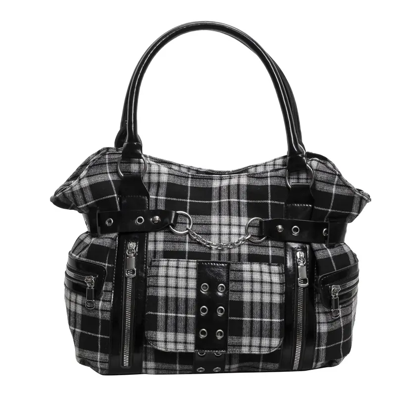 Y2K Hot Girl Pink and Black Plaid Handbag with Diamond-Studded Cross Decoration, Punk Style Shoulder Bag, Sweet and Cool Large Capacity Bag for Young Girls crossbody women casual plain design Fashionable small Iridescent Crescent beaded tote oil real