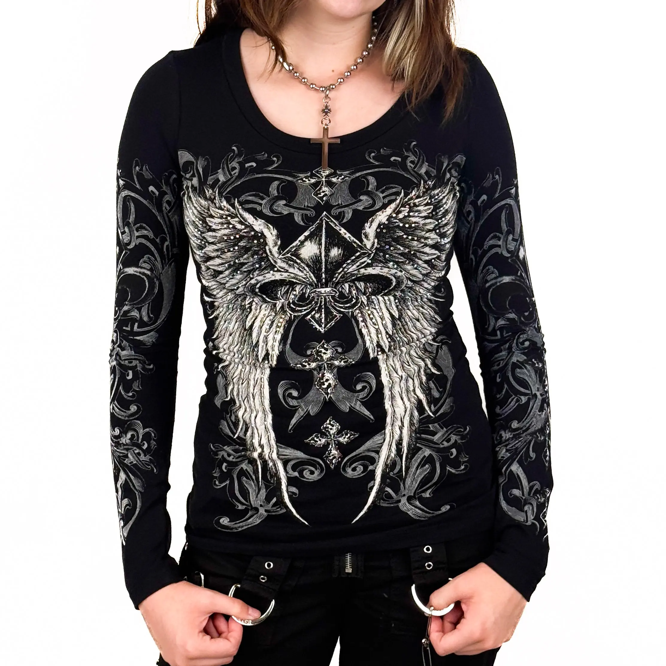 Celestia Rhinestone Long Sleeve Black Top - Cotton
