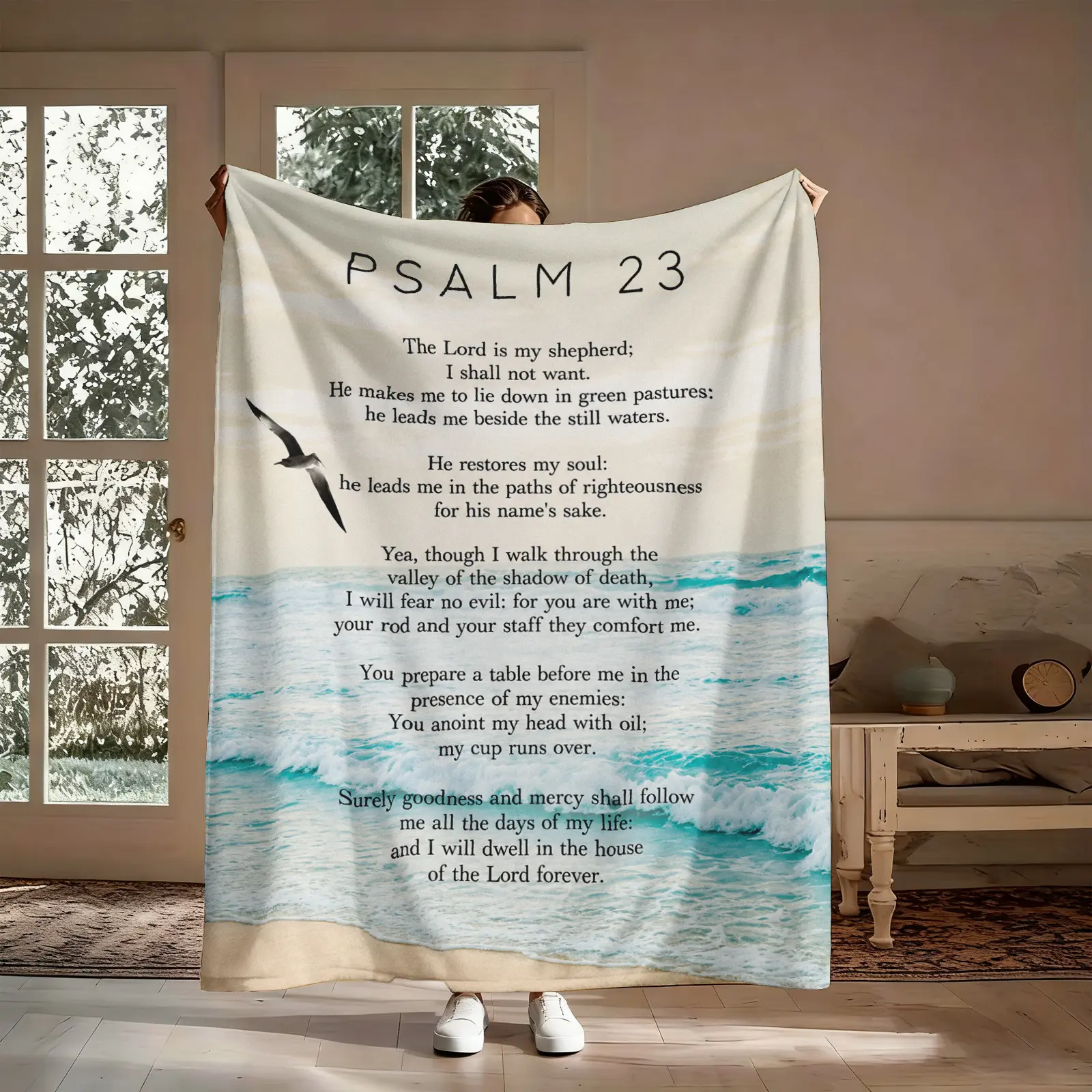 Psalm 23 The Lord Is My Shepherd Bible Verses Flannel Throw Blanket - Ocean Waves Beach Watercolor Pattern, Brushed Texture, Soft Blanket Vibes, Machinewash Easy, Cozy Nap Cover for Couch, Christian Inspirational Gift for Believers