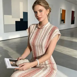 Pink Apricot Striped Lace Ramie Modified Dress · Sleeveless Stand Collar Artistic Resort Everyday Slimming Neo-Chinese Dress