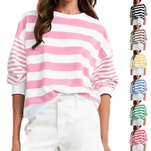 Women Fashion Oversized Striped Crewneck Sweatshirt Long Sleeve Color Block Pullover Tops Casual Loose Shirt