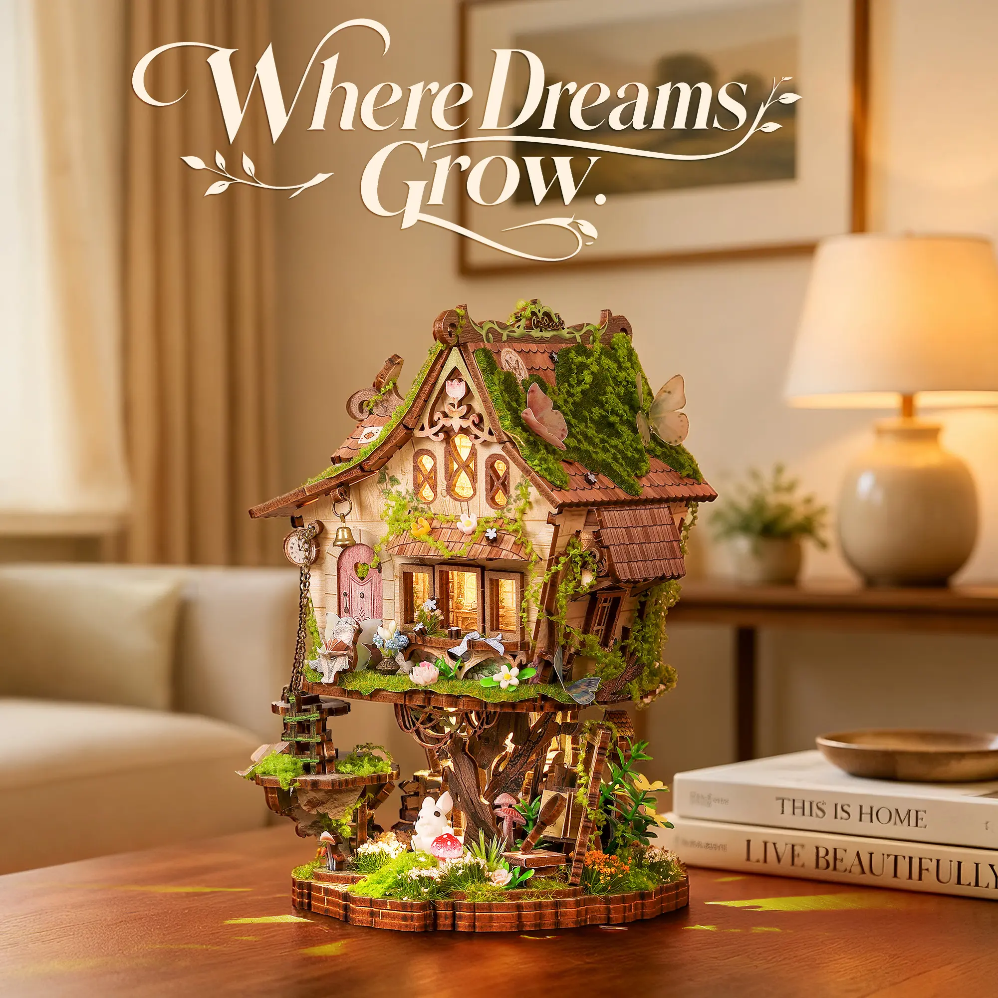 FUNPOLA Rowan’s Treehouse LED 3D Wooden Puzzle Kit, DIY Miniature Fairy Treehouse with Light, Wooden Craft Bookshelf Décor Gift for Adults and Teens
