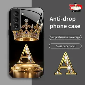 Suitable for [Galaxy S21+ 5g] New high-end crown gold base letter glass mobile phone case New business simple metal paint electroplated glass mobile phone case Affordable price Anti-drop and anti-fingerprint 995