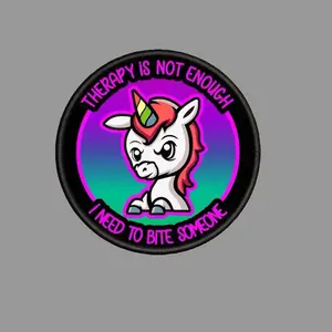 Therapy Angry Unicorn Funny Morale Patch 3” Round Hook & Loop Back for Hats Jackets Tactical Vests Plate Carriers EDC Gear & Humor Patch Collectors