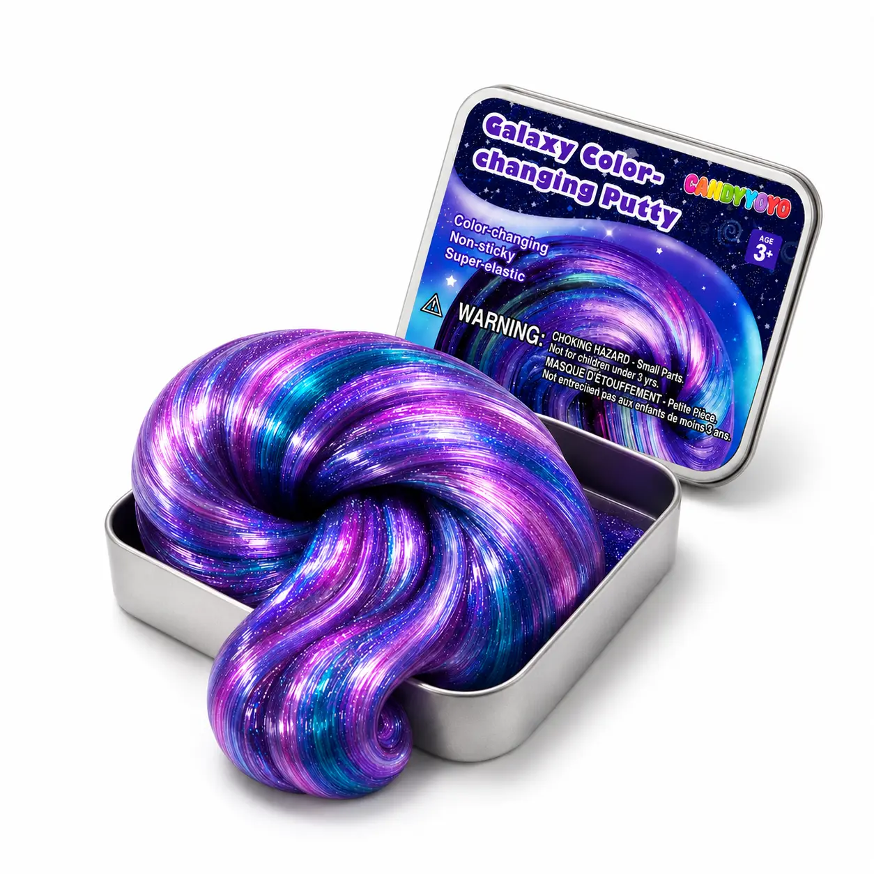 Galaxy Color Changing Putty - Non-Newtonian Sensory Fidget Toy for Kids 3+, Galaxy Theme Purple Blue Glitter Putty in Metal Tin, Stretch-Twist-Mold Play for Family Time, Classroom Activities