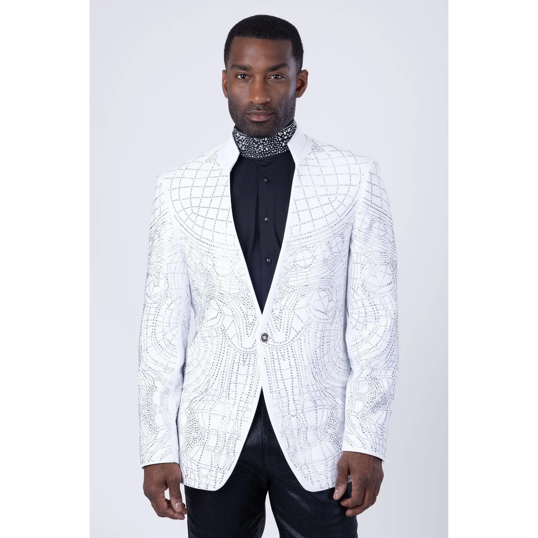 Men's Dignified Mod Rhinestone Blazer with Geometric Pattern Long Sleeve Menswear Pocket Slim Fit Suits Viscose Fabric Formal