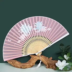 Chinese Ancient Style Printed Portable Folding Hand Fan, Silk Embroidery, Carved Bone Design, Tassel Decor, Classical Dance Fan, Hanfu Costume Prop