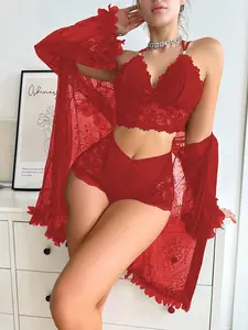 Women’s 3 Piece Floral Lace Lingerie Set with Sheer Robe, Longline Bralette & High Waisted Briefs, Romantic Bell Sleeve Nightwear Set for Honeymoon, Valentine’s Day & Bridal Gifts