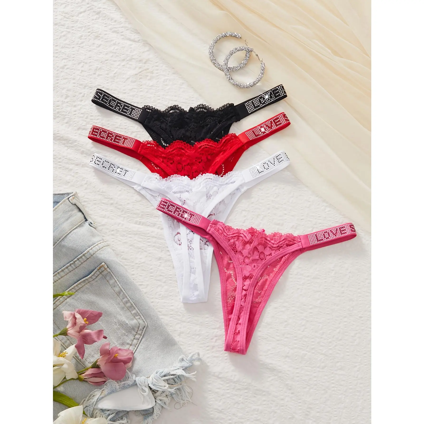 New(New)4 Pack Elegant Drop Waist Lace Thongs With Rhinestone Letters Comfortable Semi Transparent Lingerie Hipster Style