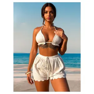 White Halter Bikini Set for Women - Ruffled Two Piece Swimsuit with Scallop Cover Up Shorts - Textured Fabric, Adjustable Halter Top, Summer Beach Swimwear