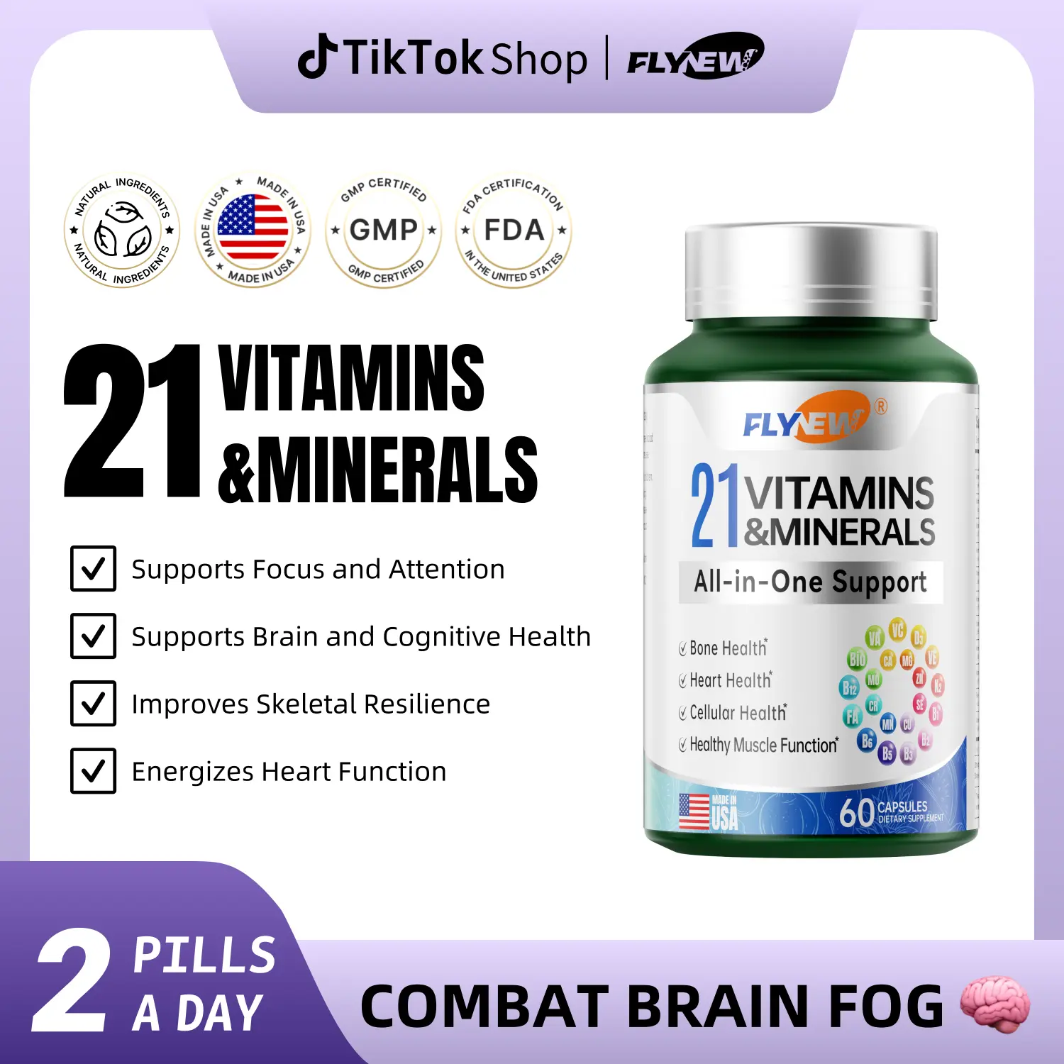 FLYNEW Vitamins & Minerals | Brain Fog Against | 21 All-in-One Support | Highly Potent Herbal Ingredients  | Made in USA | 60 Capsules Dietary Supplement
