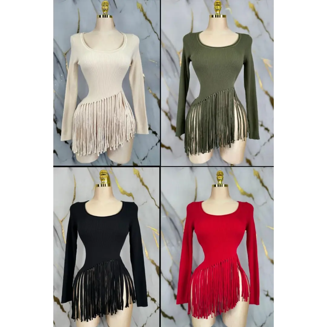 Fringe Asymmetrical Ribbed Top