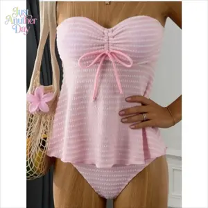 Strapless Pink Striped Tankini Set Women  Textured Ruffled Bandeau Swimsuit | Ruched Flowy Bathing Suit for Summer Beach Vacation Pool Party