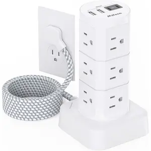Power Strips with Surge Protection, Flat Plug Power Strip with 12 Outlets 4 USB Ports, Surge Protector Tower 1875W/15A 1080J, 6Ft Extension Cord with Multiple Outlets, Office Supplies, Dorm Essentials