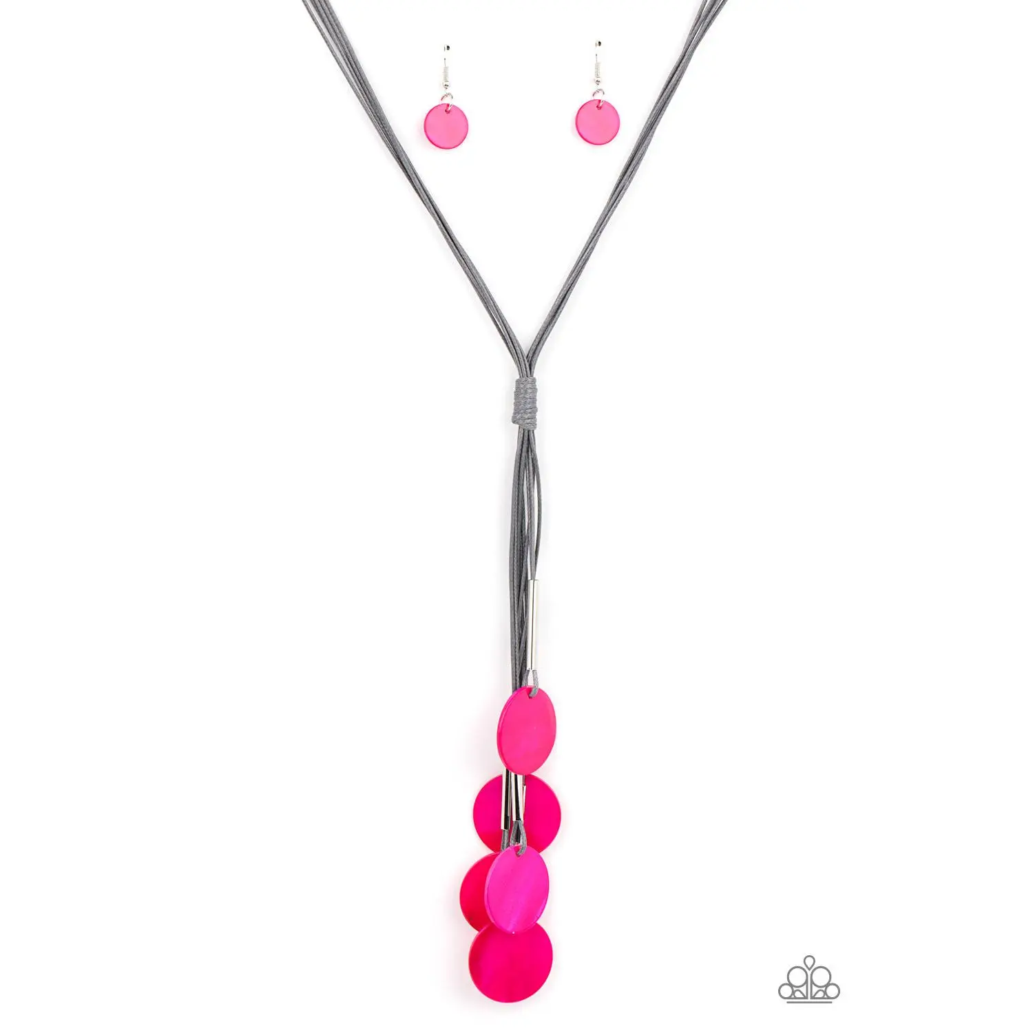 Iridescent Pink Shell Necklace Set - Unisex Tassel on Knotted Cords with Cylindrical Silver Accents - Adjustable Sliding Knot, Flamboyant, Jewelry Accessory, Party