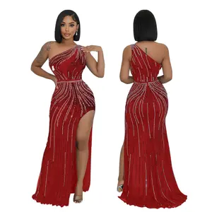 Women's Red Prom Dress, Banquet Dress Party, Fashionable Evening Gown with Rhinestone Embellishments and Slit Detail, 2024 Party Dresses, Bridesmaid Dress, Perfect for Formal Proms