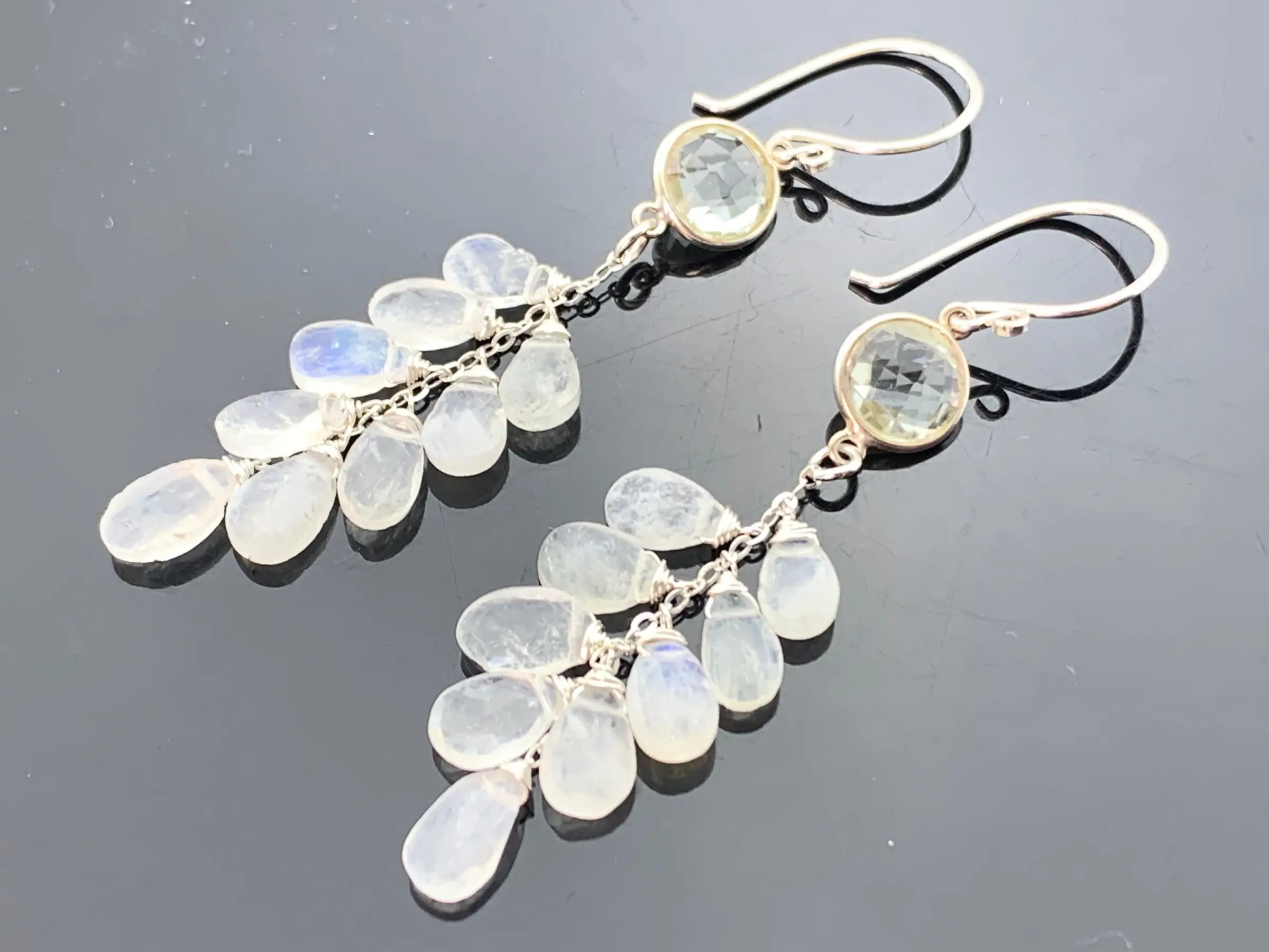 Rainbow Moonstone and Green Amethyst Dangle Earrings · 925 Sterling Silver · Long Cascade Gemstone Jewelry · Gift for Her
