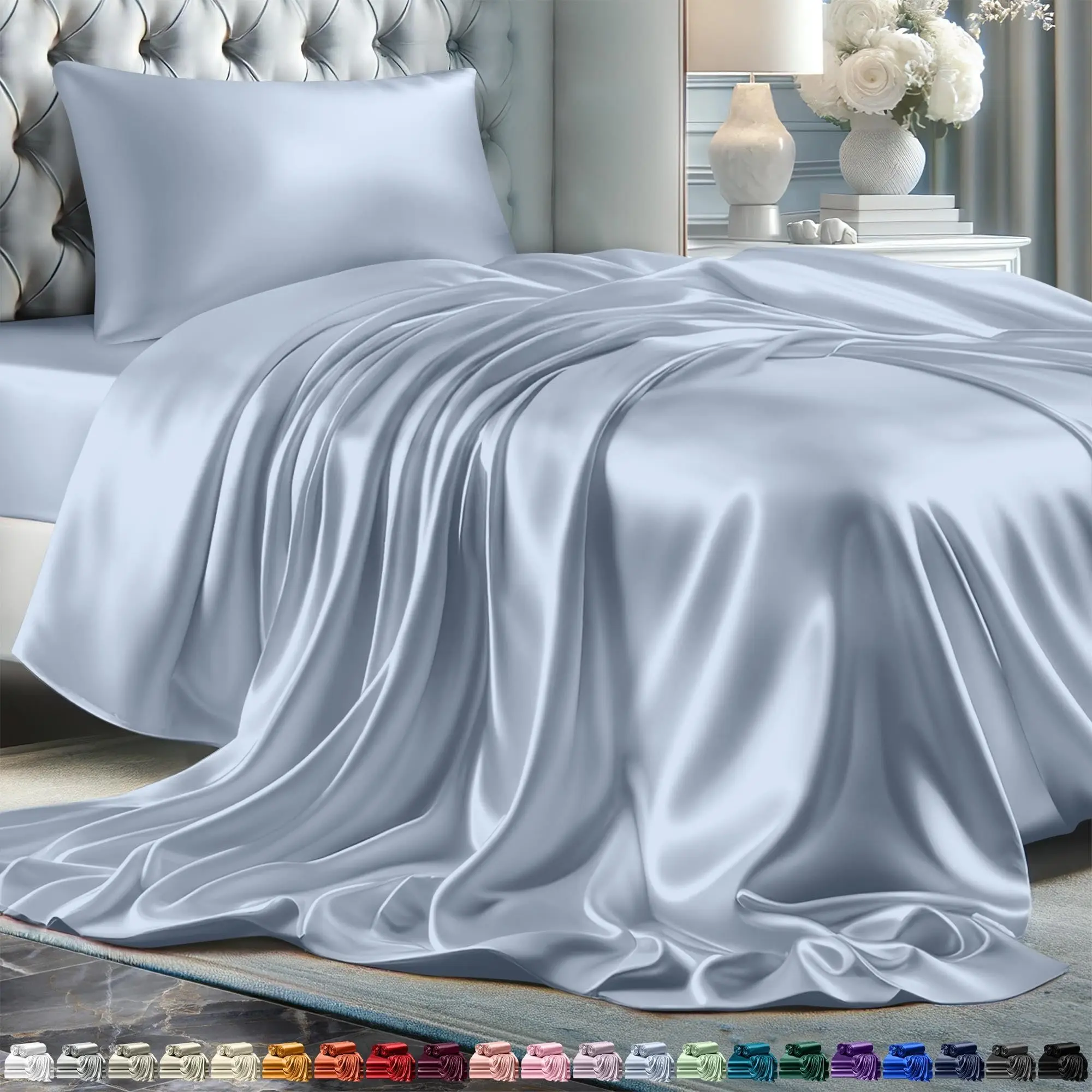 DECOLURE Satin Sheets 4 Piece - Hypoallergenic, Double Stitching, Wrinkle Free - Silky & Luxuriously Soft Satin Bedding with 15" Deep Pockets & Elastic Edges for Secure Fit - Bedset