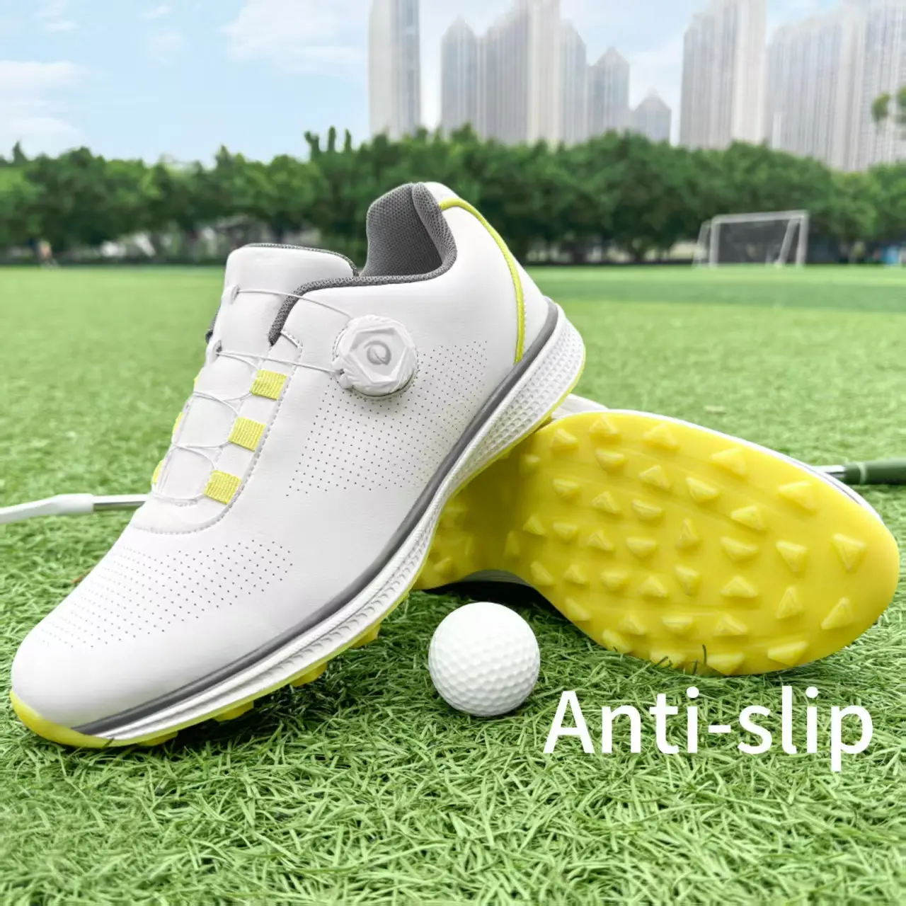 Men's Casual Athletic Golf Shoes, Waterproof Studless Training Shoes, Dial-Pull Drawstring, Lightweight Leather, Non-Slip Wide Sole, Best-Selling Model, Professional Outdoor Practice Shoes