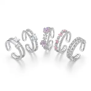 5 Pcs Double Layer Rings Set for Women - Waterproof Tarnish Free Stainless Steel Silver Rings, Adjustable Stackable Butterfly Flower Crystal Rings Gift Box