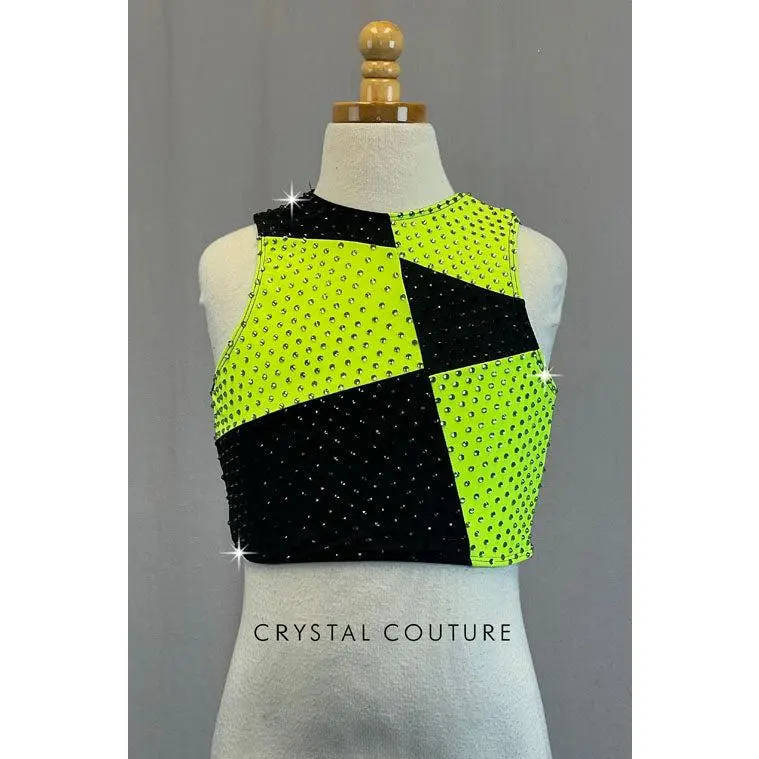 Custom Black & Neon Yellow Asymmetrical Color Block Crop Top - Rhinestones