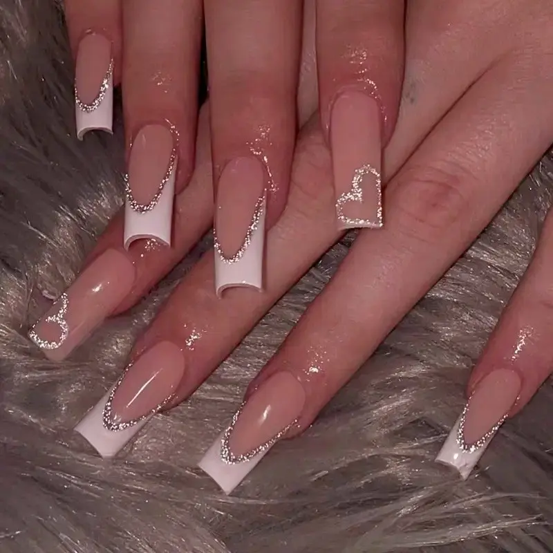 24 Pcs French Heart Nail Wraps, Long Square Acrylic False Nails Set with Jelly Glue & File, Reusable Nail Art Design for Women Girls, Party Essential
