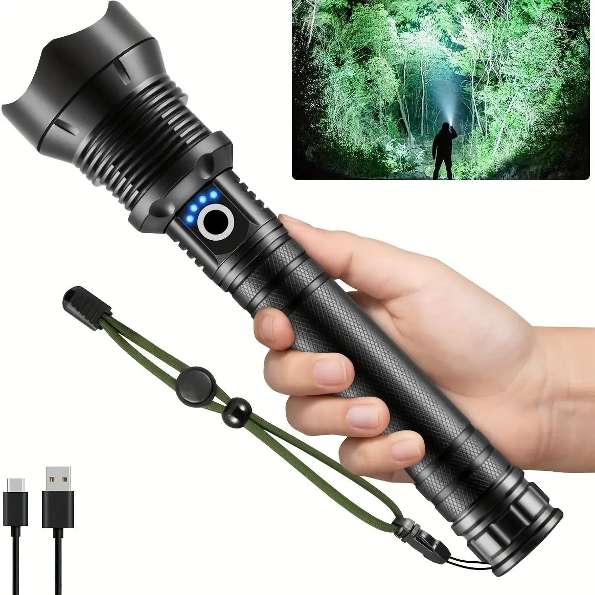 4000 Lumens P70 LED High Lumen Super Bright Flashlight,  Rechargeable Battery & 5 Modes Handheld Torch, IPX7 Waterproof Aluminum Alloy High Power Flashlights For Camping, Outdoor, Emergency, Home, Best Tools/Gifts For Men
