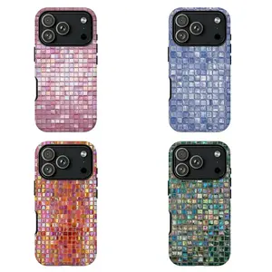 Vintage Disco Mosaic Phone Case|Iridescent Pink Blue Green Square Aesthetic Protective Cover For iPhone 11 12 13 14 15 16 17 Pro Max For Samsung S26 S25 S24 S23 S22-Gift For Her/Him