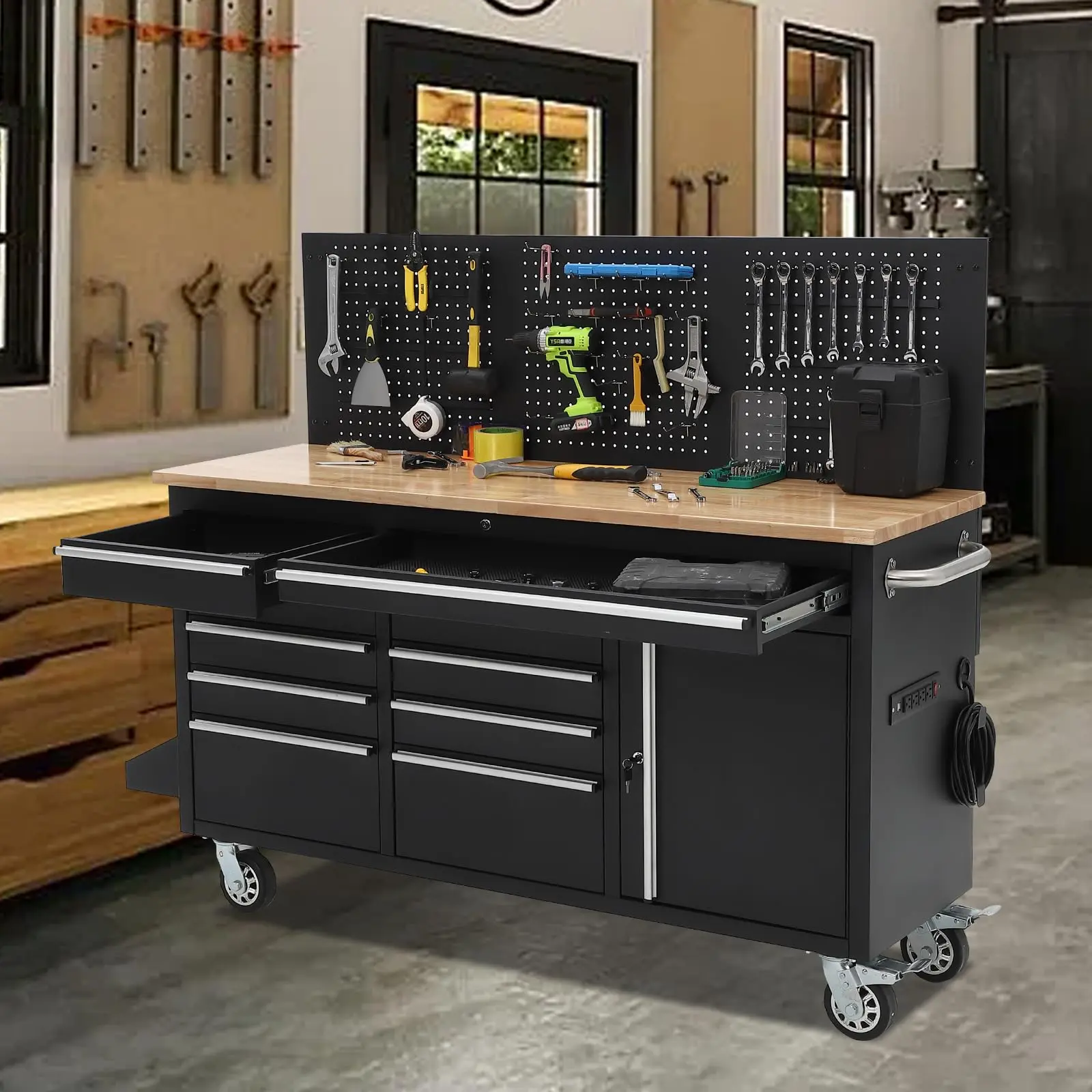 Garvee 61-Inch Rolling Tool Chest, 10-Drawer Garage Workbench with Power Strip & Solid Wood Top, Heavy Duty Mobile Tool Cabinet, 1675 LBS Capacity Storage Workstation