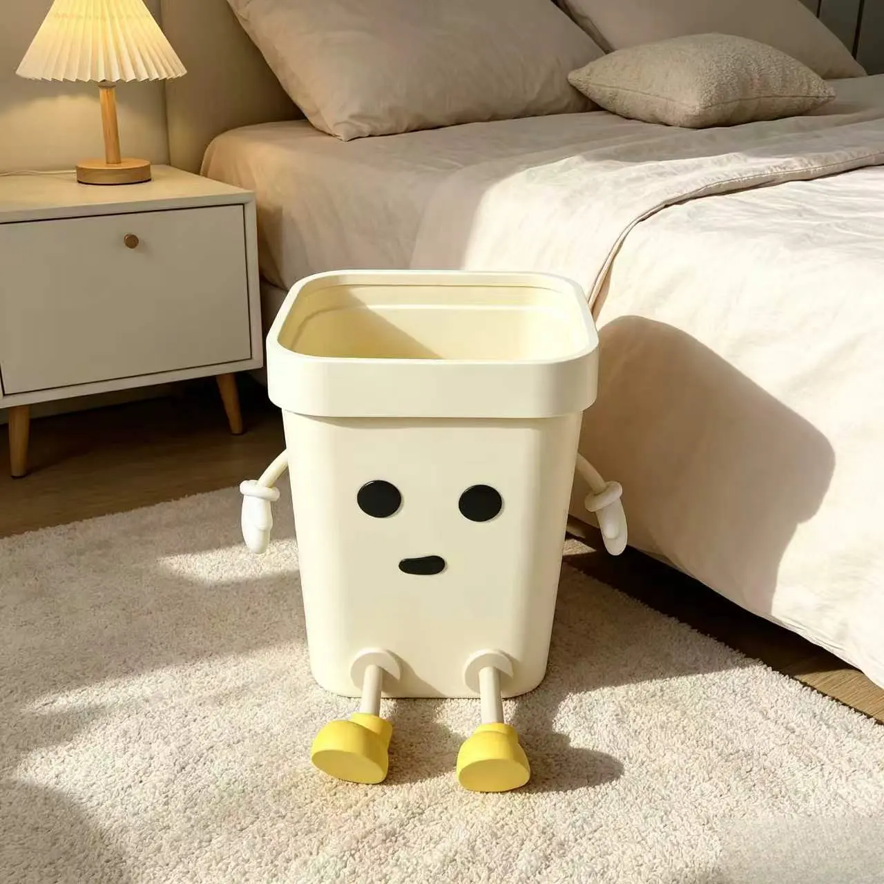 Cream Cute Character Desktop Trash Can, Mini Square Plastic Waste Bin With Lid, Adorable Decorative Garbage Container For College Dorm Study Table Bedroom Vanity automatic recycling Double Tilt Out Cabinet dual compartment bag holder
