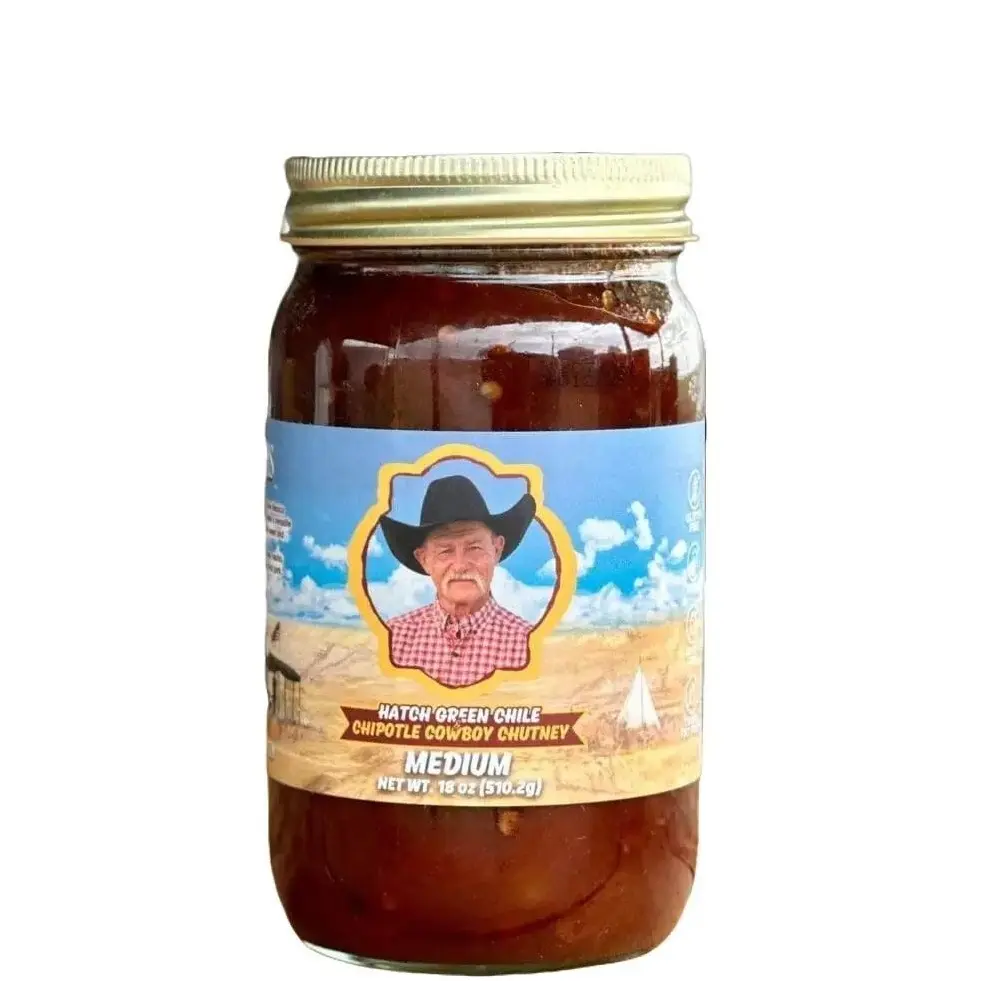 KENT ROLLINS Green Chile and Chipotle Cowboy Chutney 18 oz Gluten Free Vegan Dairy Free Trans Fat Free Dip Sauce with Diced Tomatoes and Chipotle Pepper