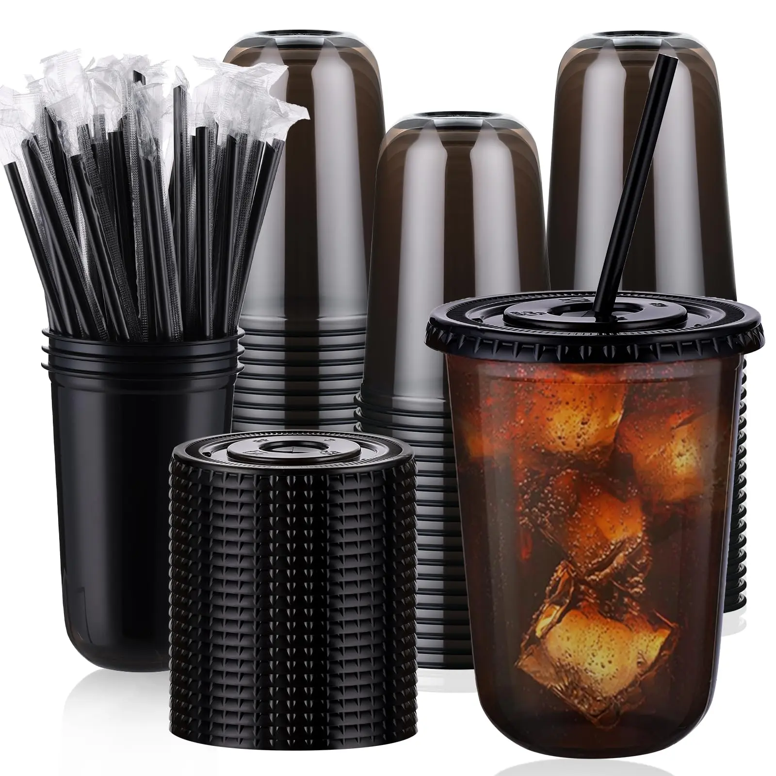 50 sets of 16oz plastic cup set with lid and straw, disposable black transparent iced coffee cup with lid, round bottom plastic portable cup suitable for cold drinks, smoothies, smoothies, lemonade, parties # coffee shop # Halloween party # pumpkin latte